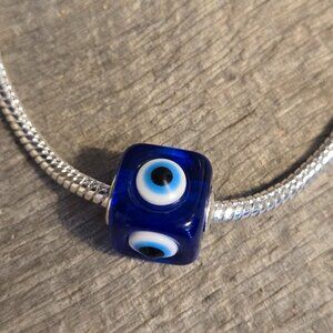 NWT 925 Sterling Silver Watchfull Eye Glass Bead Charm for Bracelet or Necklace